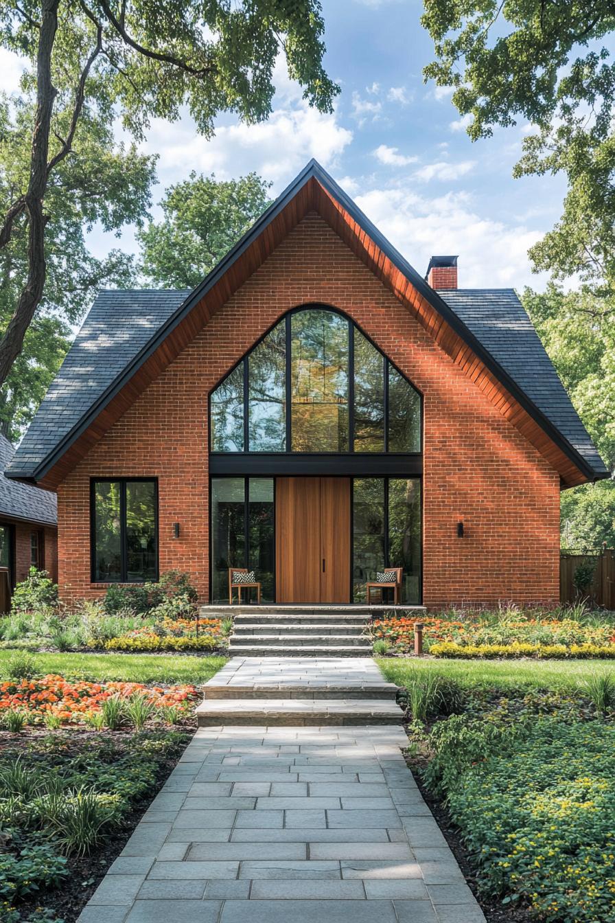 Cozy brick house with elegant gables and garden path