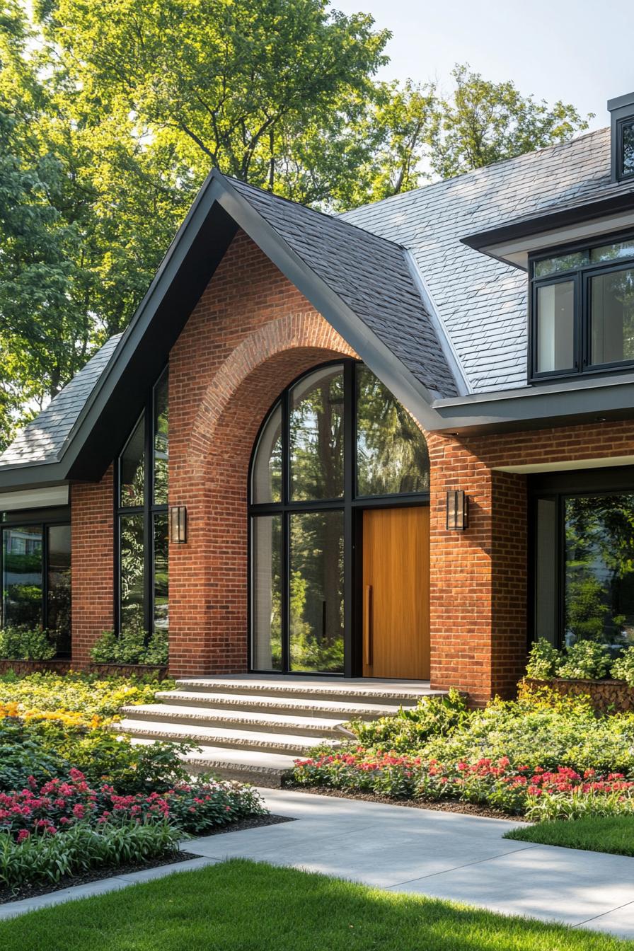 A house with a red brick façade and modern arch windows