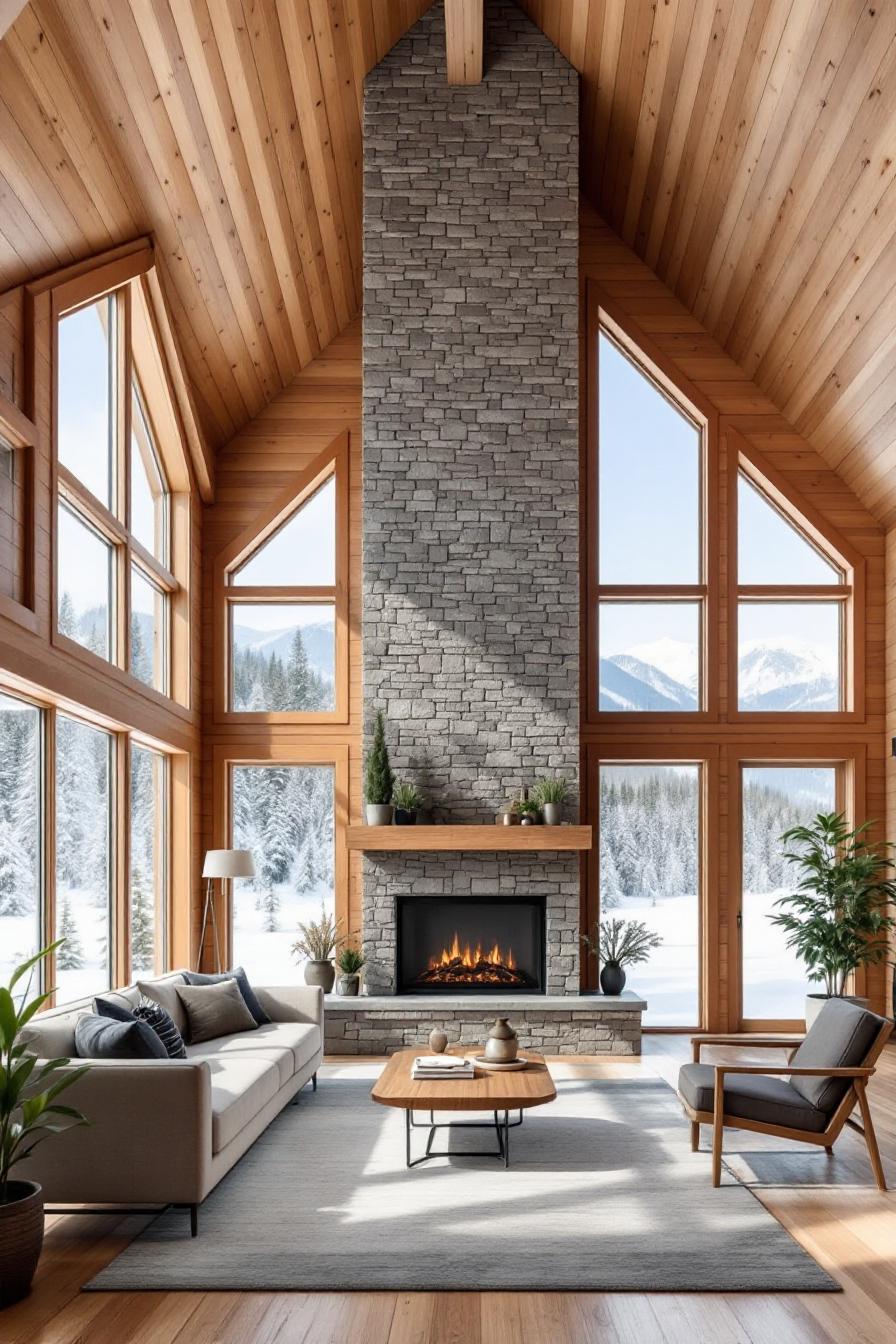 Modern cabin interior with large windows and a stone fireplace