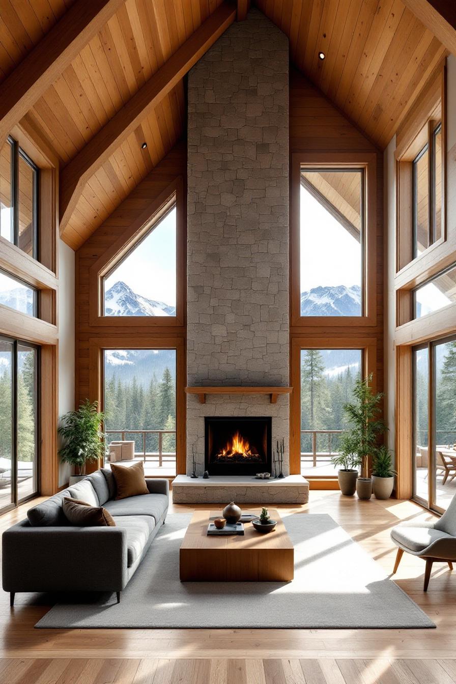 Spacious wooden cabin interior with a stone fireplace