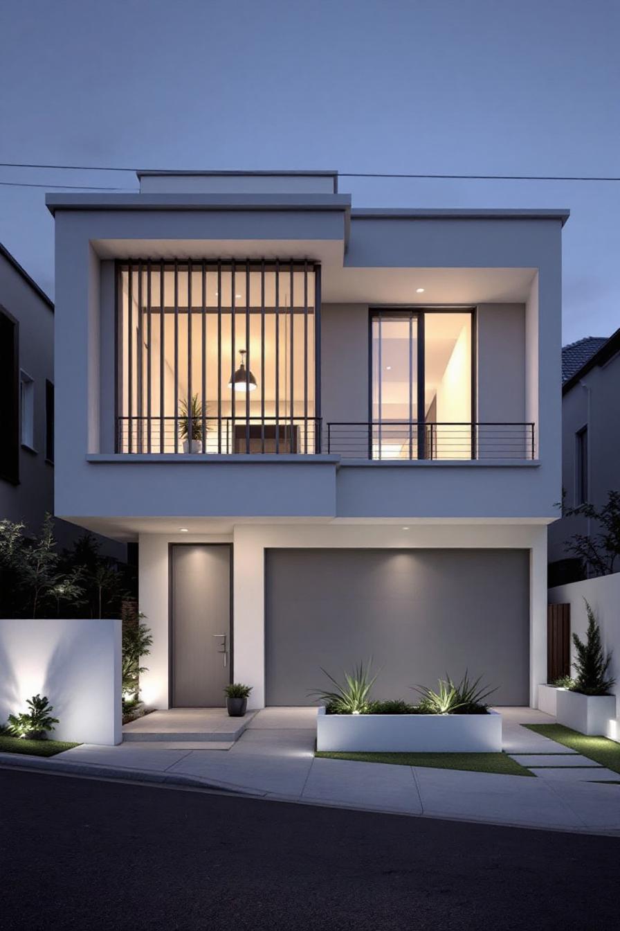 Sleek townhome exterior at dusk