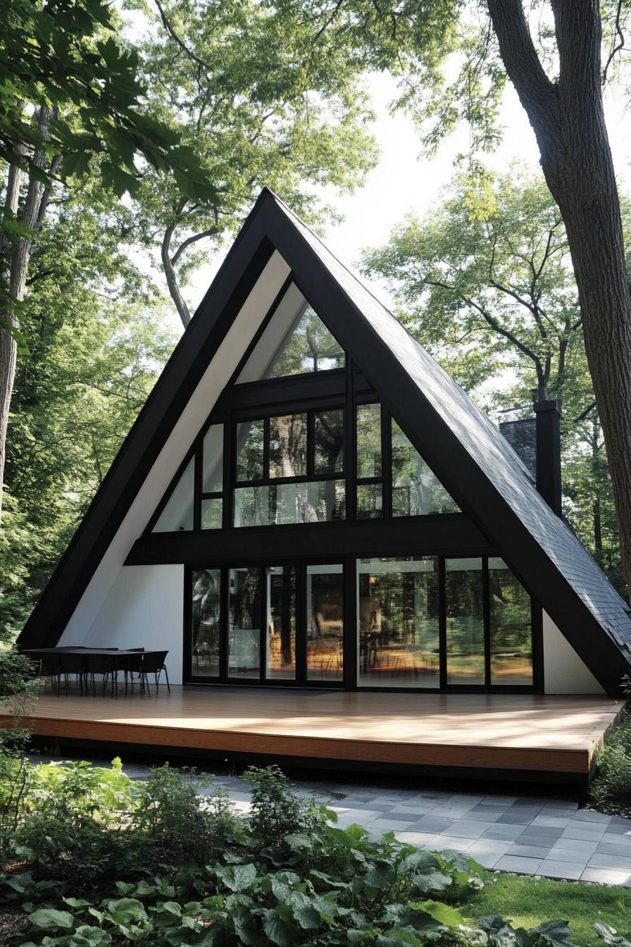 A-frame house surrounded by lush greenery