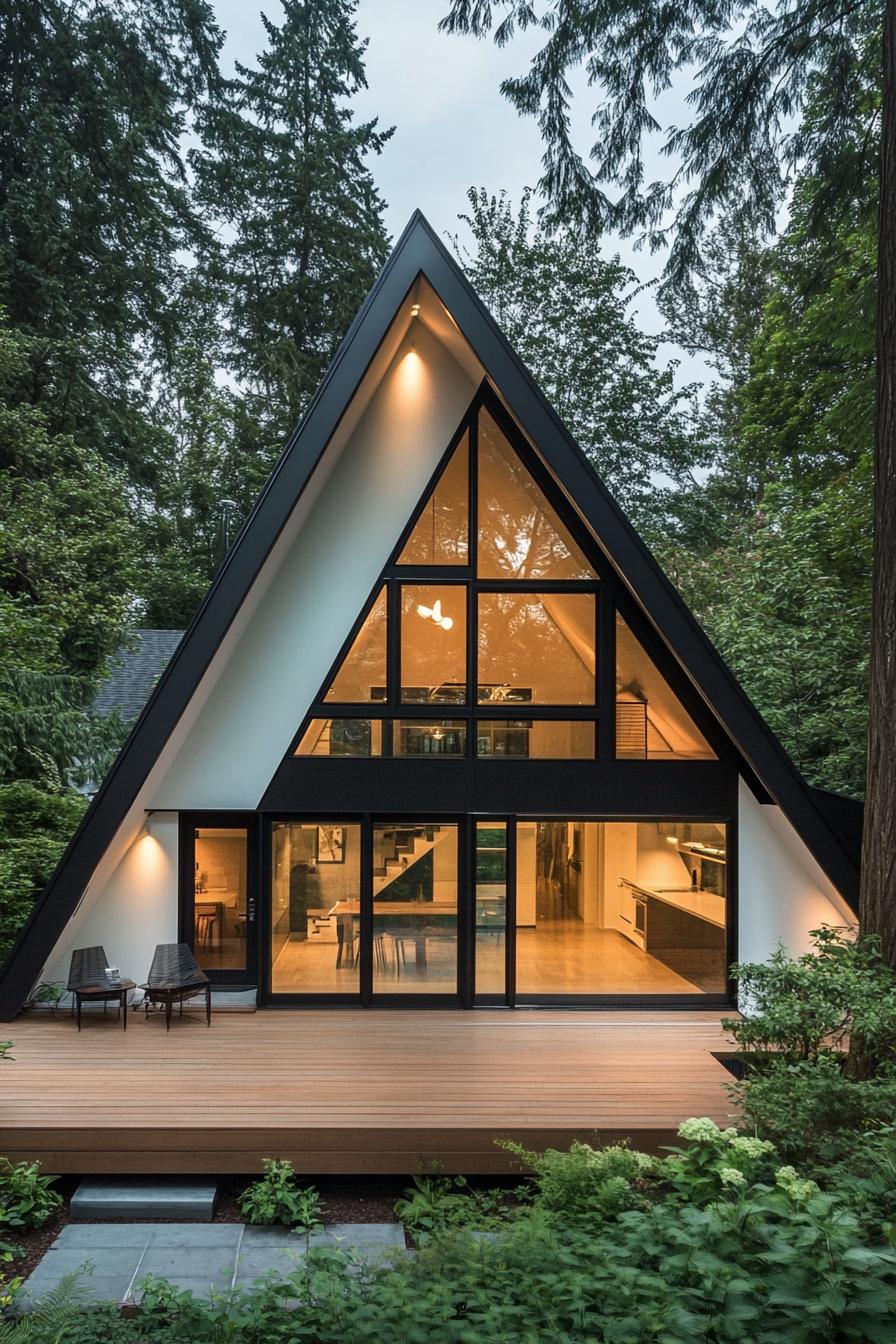 A-frame house nestled among trees with large windows