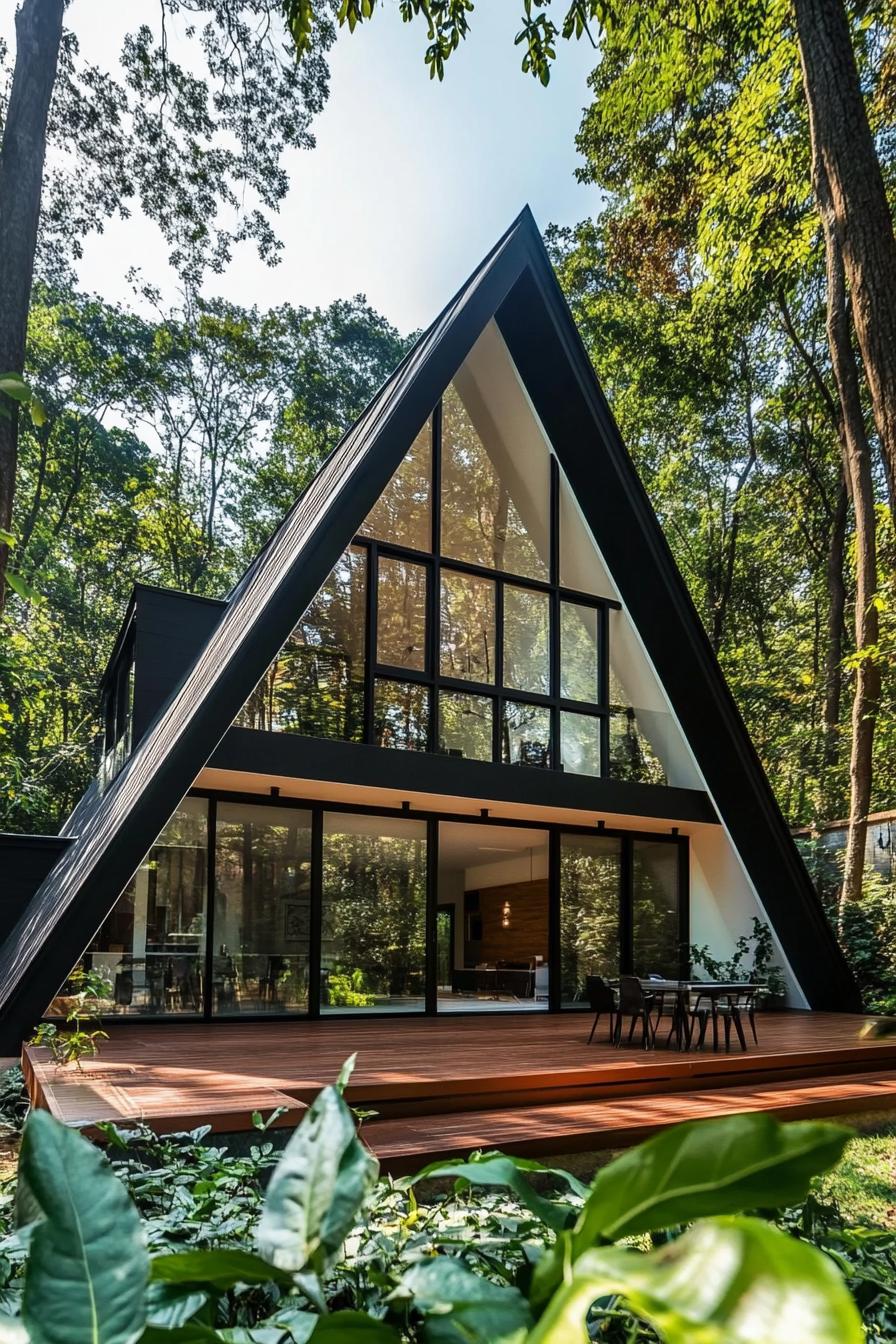 A black A-frame house in a forest setting