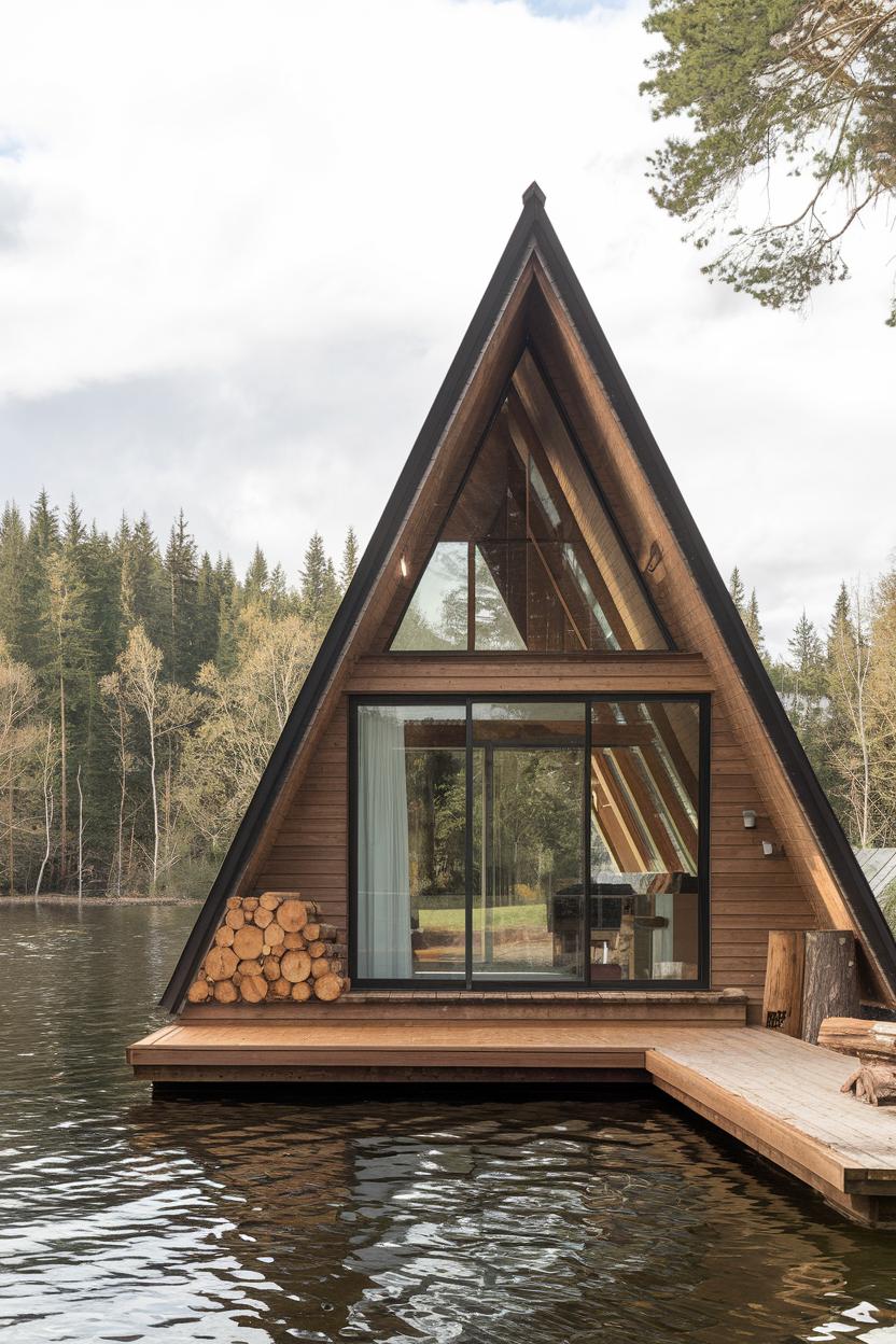 A-Frame house on water's edge with a woodpile