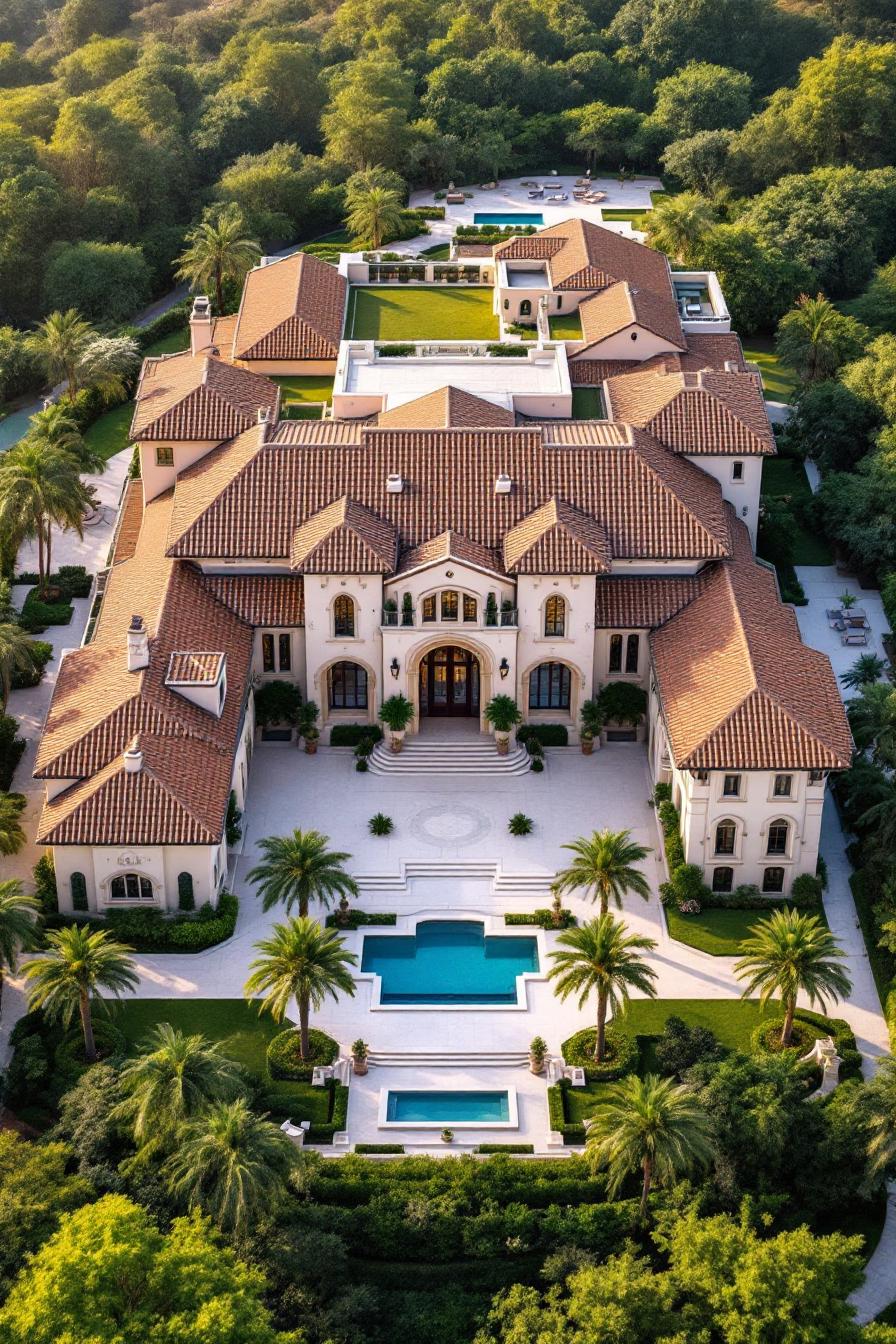 Large luxury mansion with terracotta roof and lush surroundings