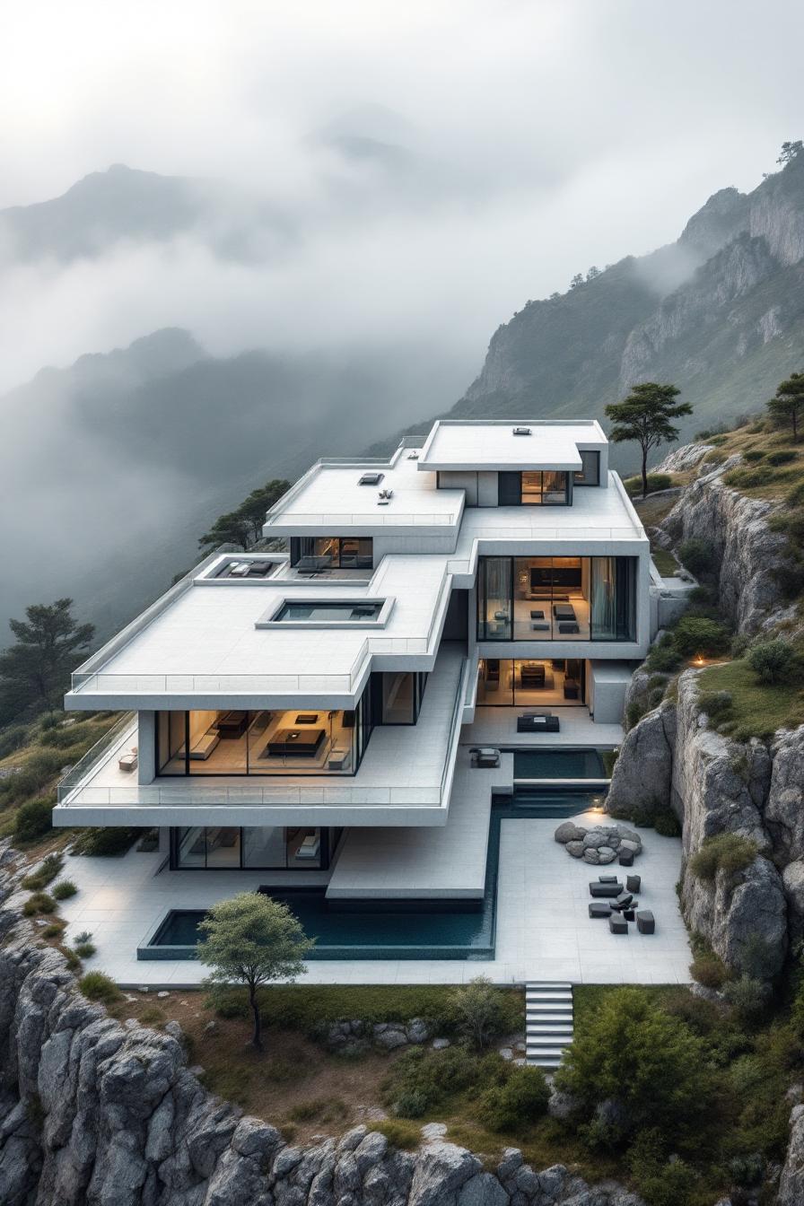 Contemporary mansion perched on a foggy mountainside