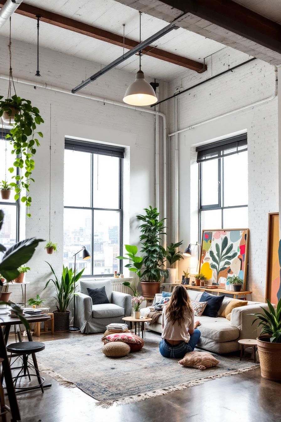 Sunlit loft with cozy furniture and plants