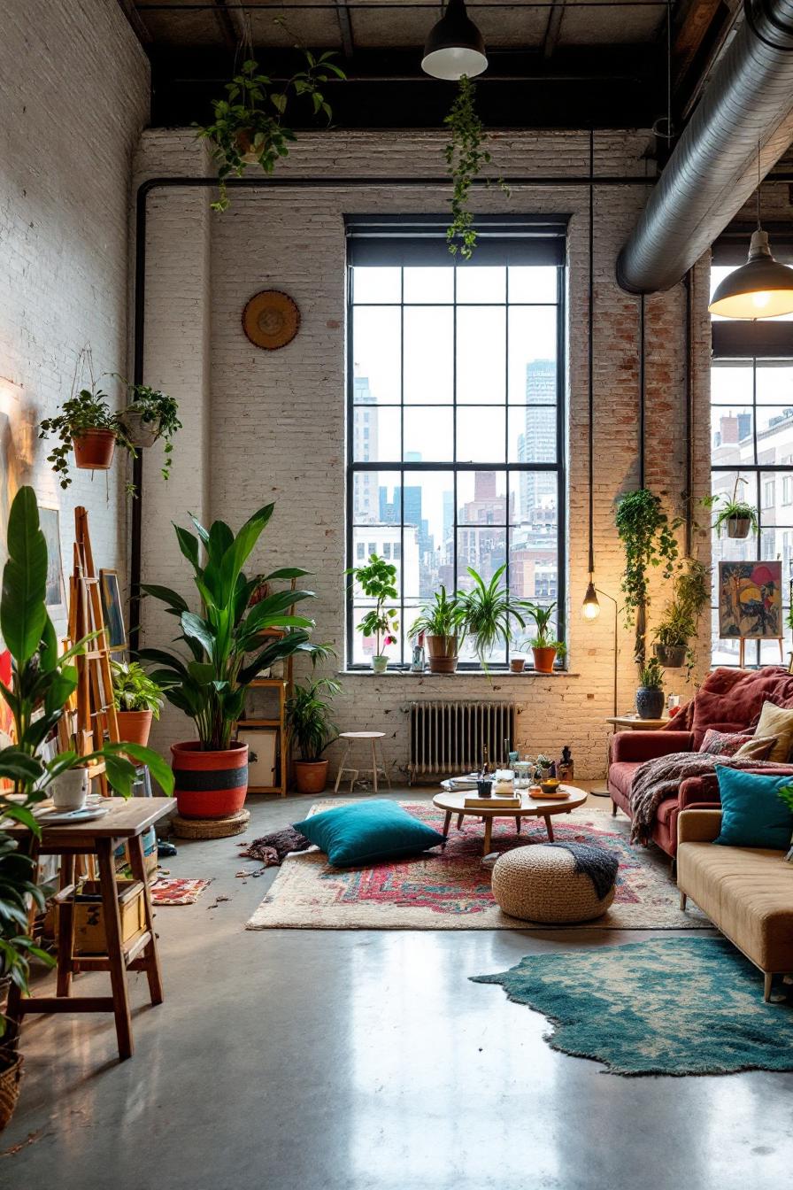 Cozy loft space with large window and lush plants