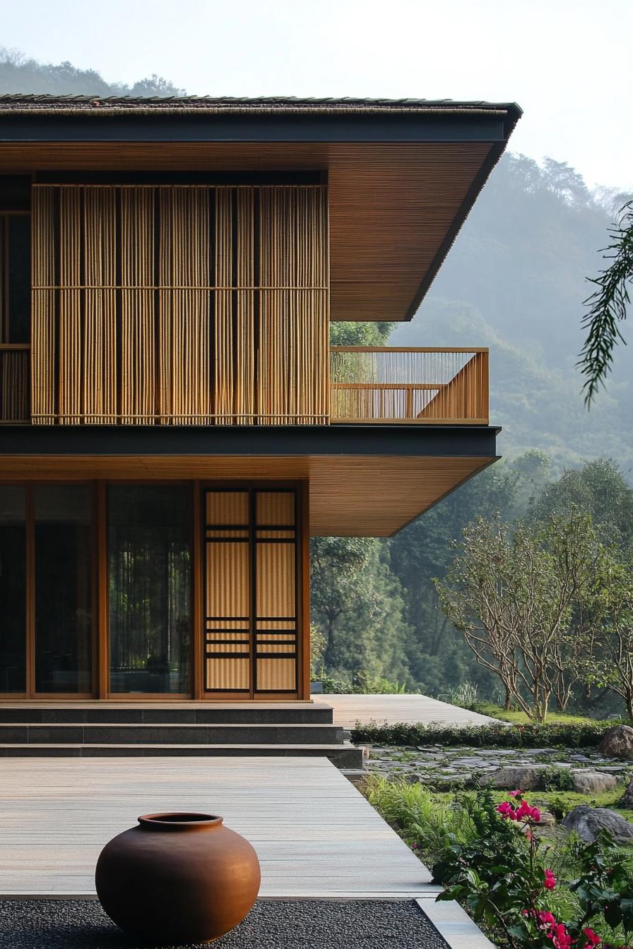 A modern bamboo house nestled in lush greenery