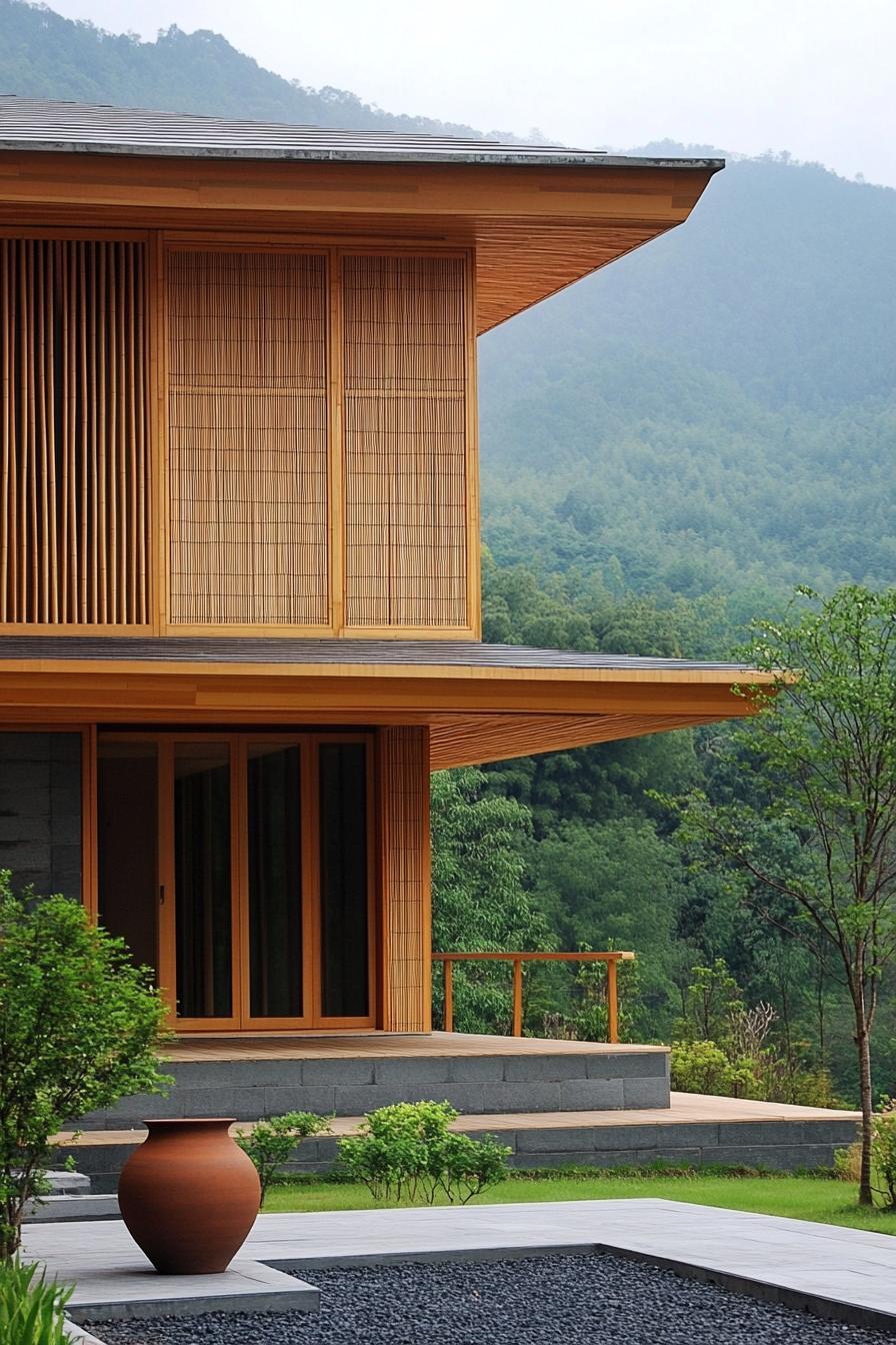 Two-story bamboo house with large windows and serene surroundings