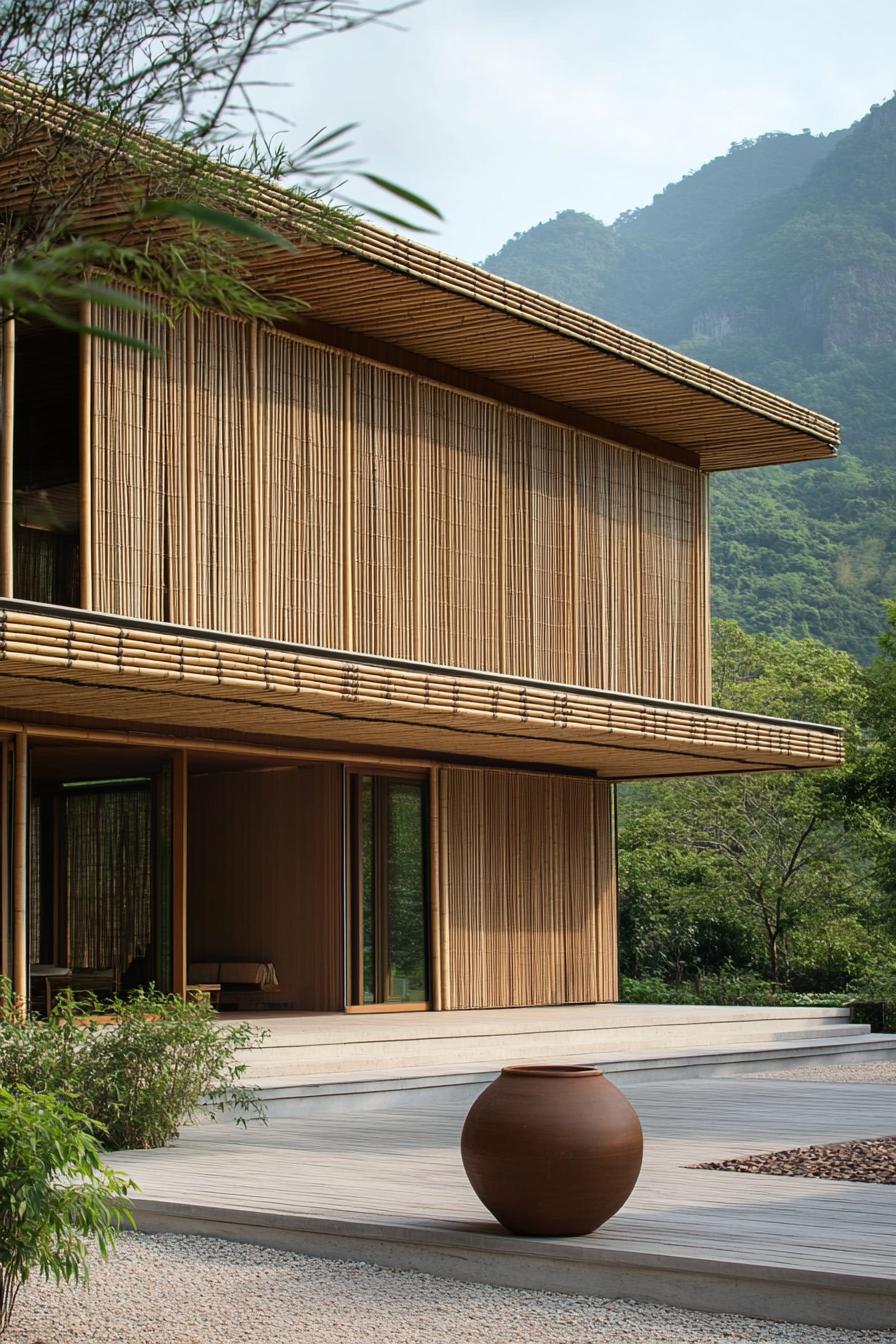 Bamboo house with a mountain backdrop