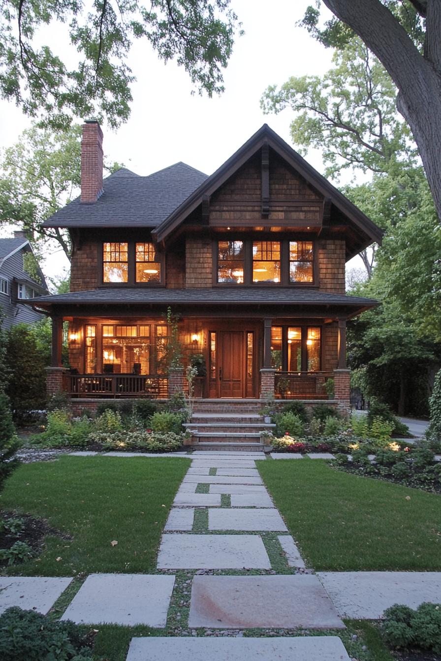 Craftsman farmhouse with glowing windows and lush greenery