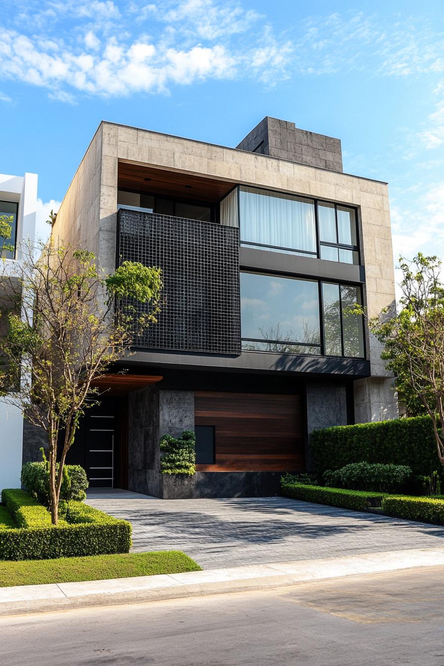 Modern house with geometric design and lush greenery