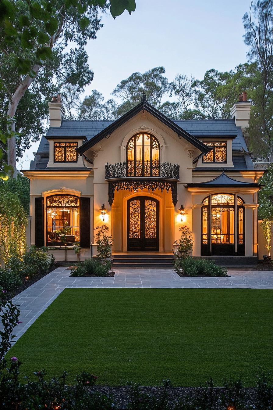 Charming Victorian house with warm lighting and lush surroundings