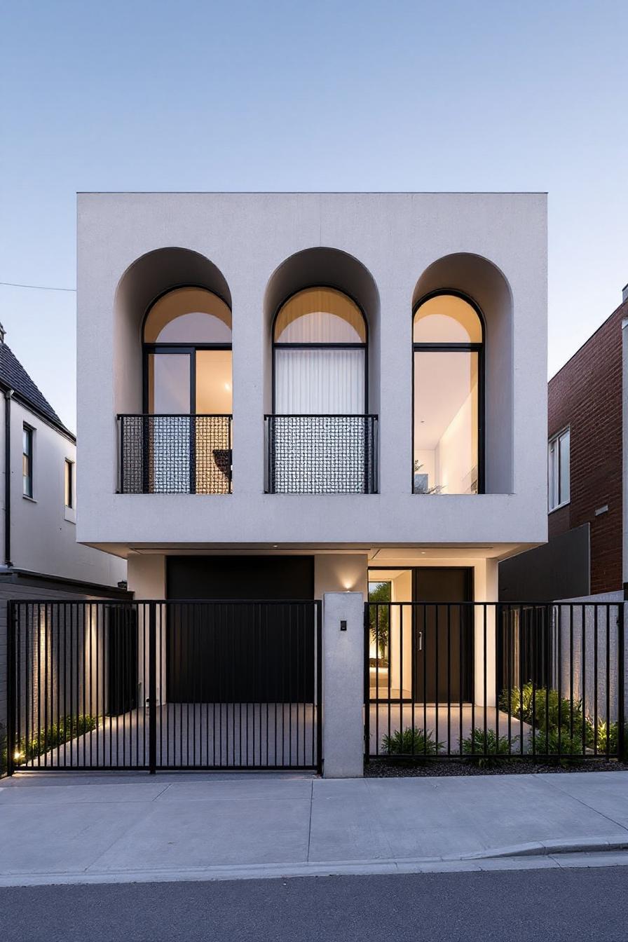 Contemporary house facade with arched windows