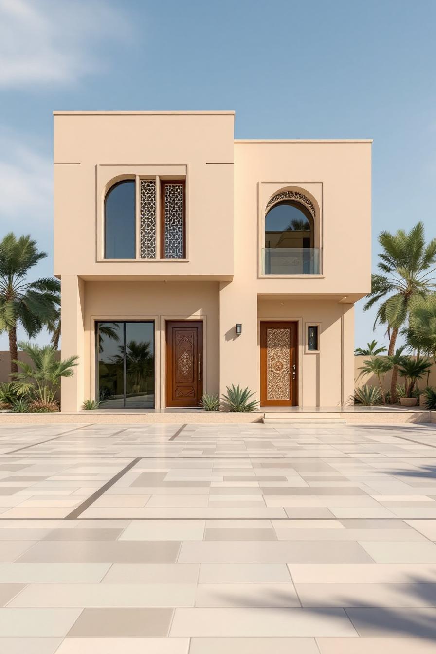 Beige house with arched windows and palm trees