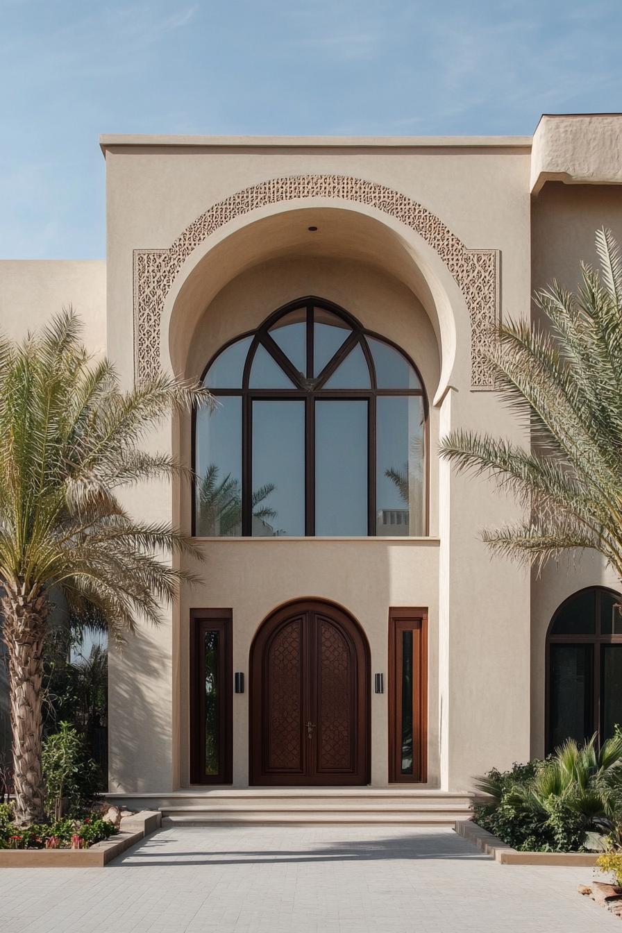 Elegant facade of an Arabian-style house with arch design and palm trees