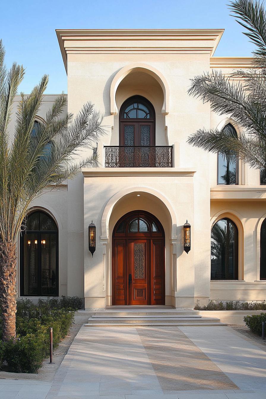 Elegant Arabic-style house entrance with arched doors and palm trees