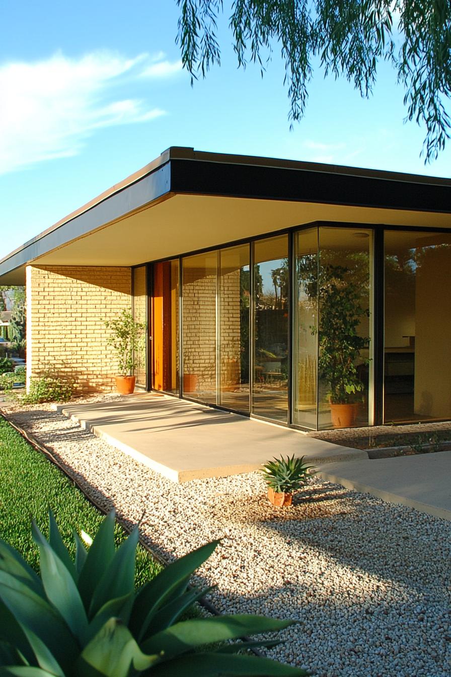 Modern Arizona home with large glass windows and a brick wall