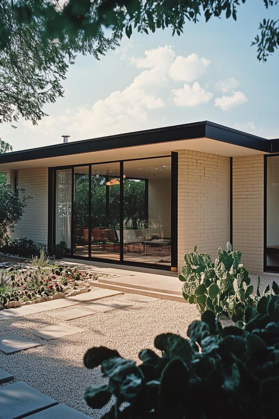 Midcentury-style home with large windows and cactus garden