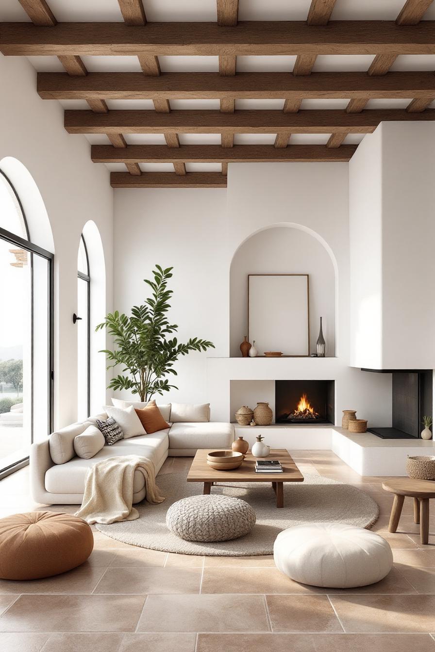 Cozy Spanish living room with fireplace and neutral tones