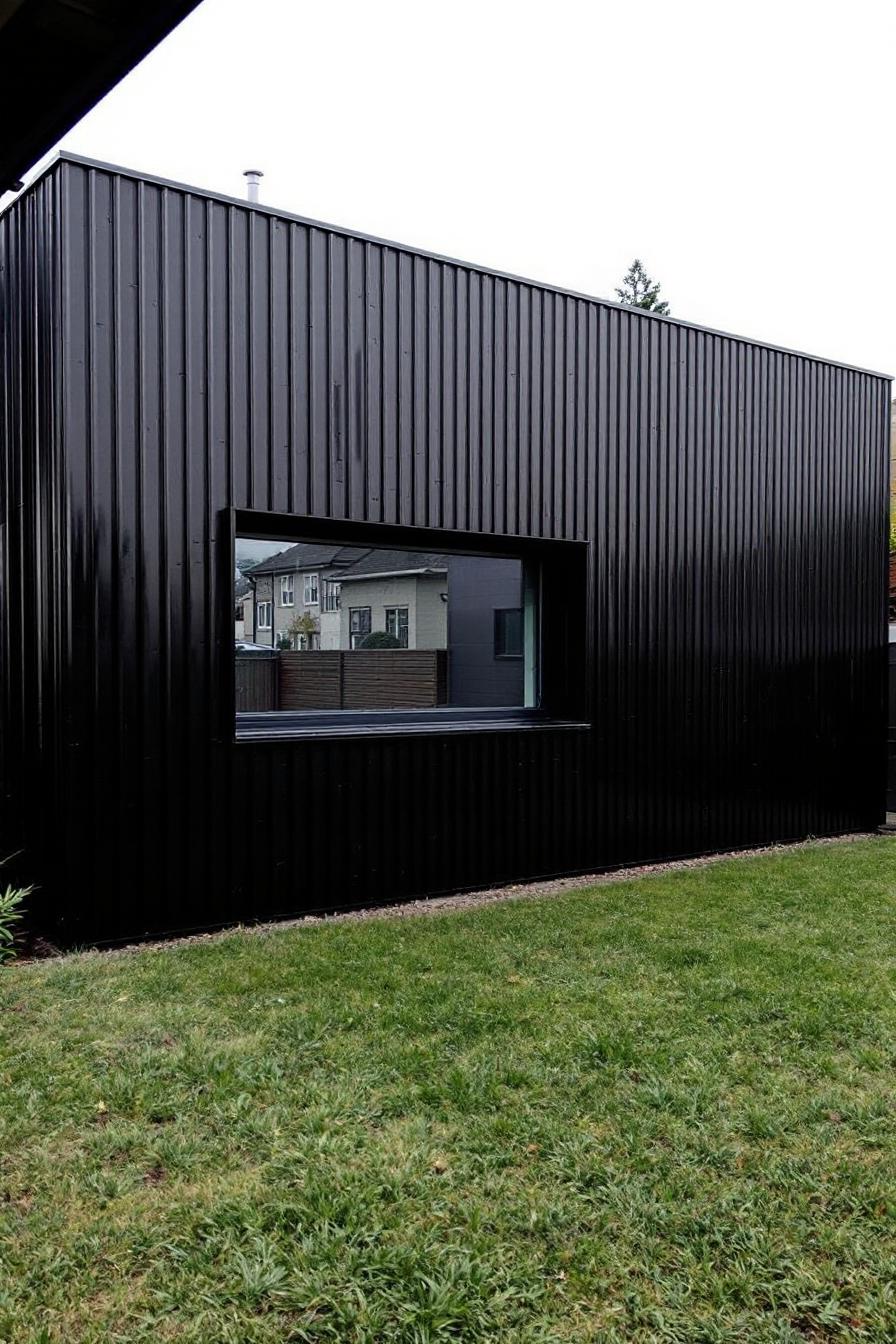 Modern black facade with a large window