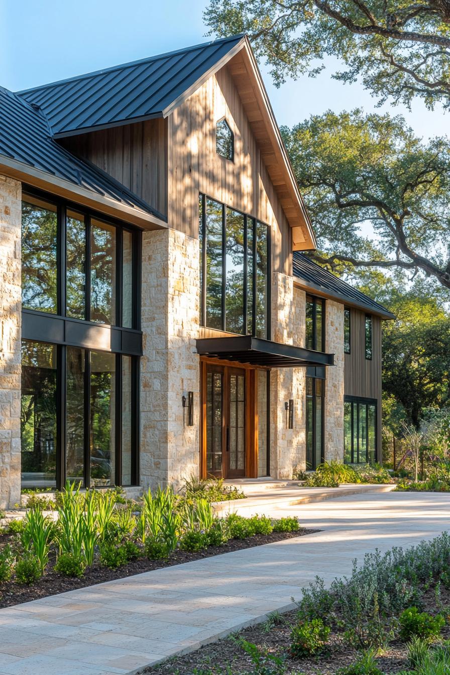 Elegant stone and glass farmhouse with lush surroundings