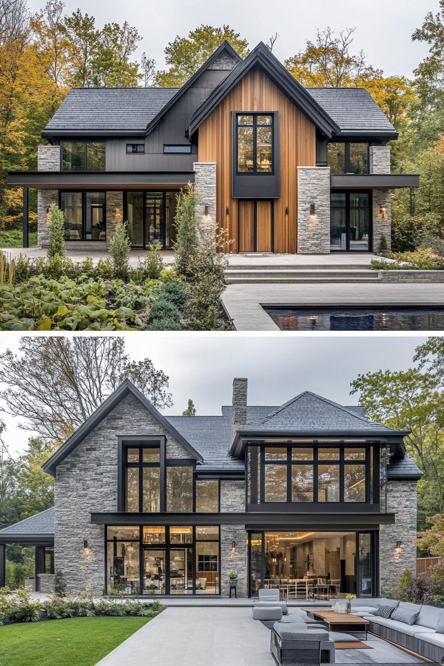 Elegant luxury farmhouse with wood and stone facade