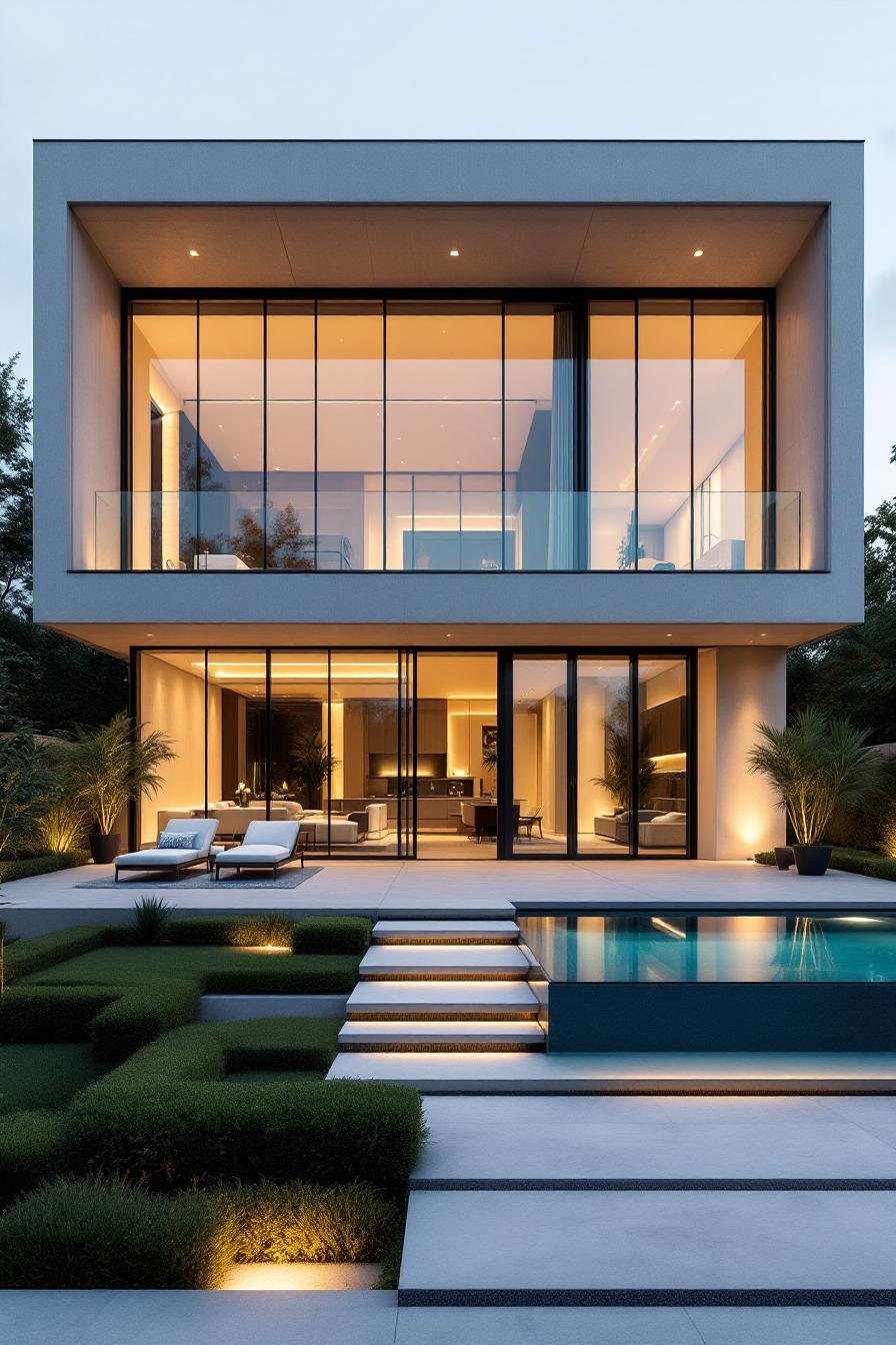 Modern luxury home with large windows and pool