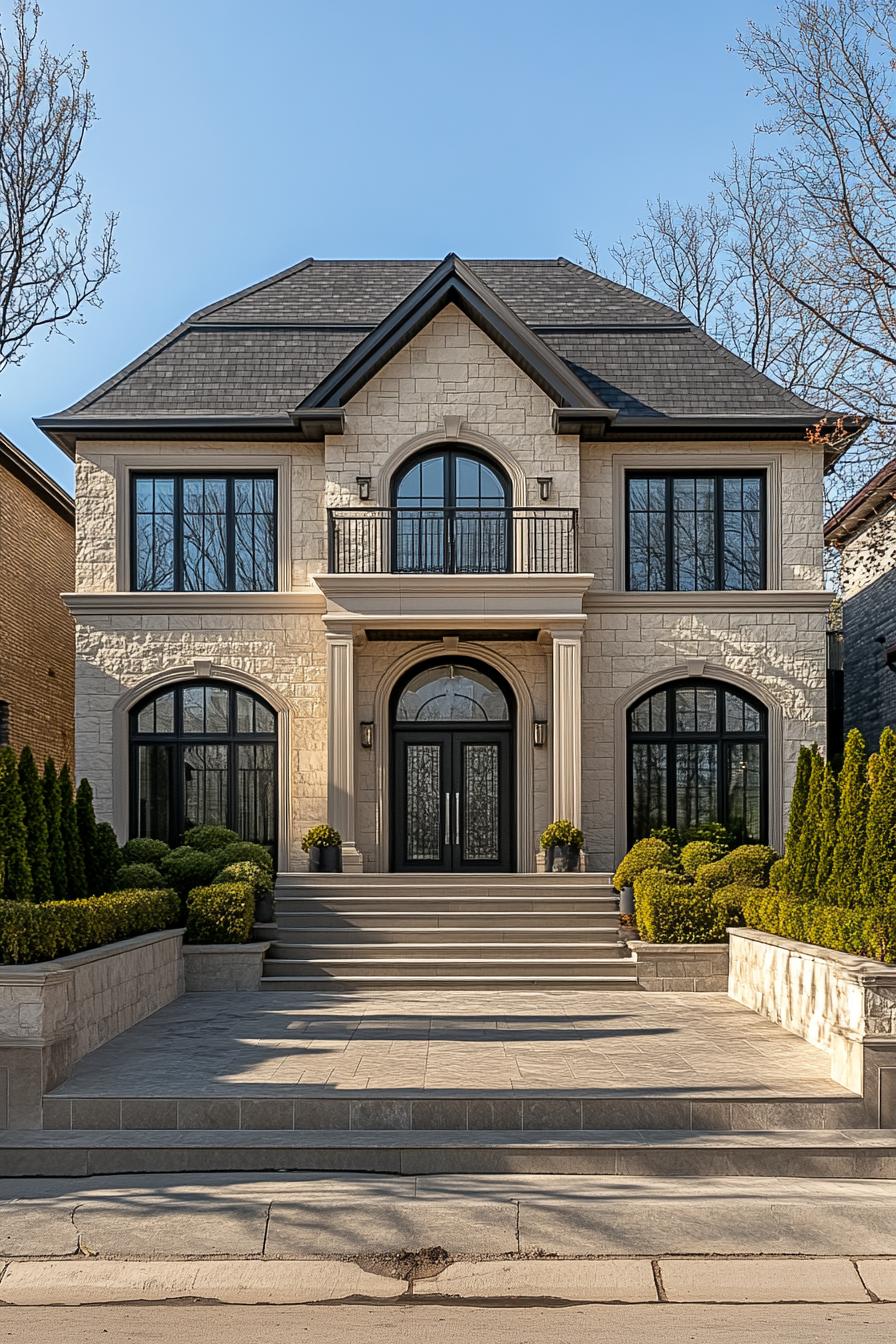 Grand neoclassical home with stone facade and arched windows