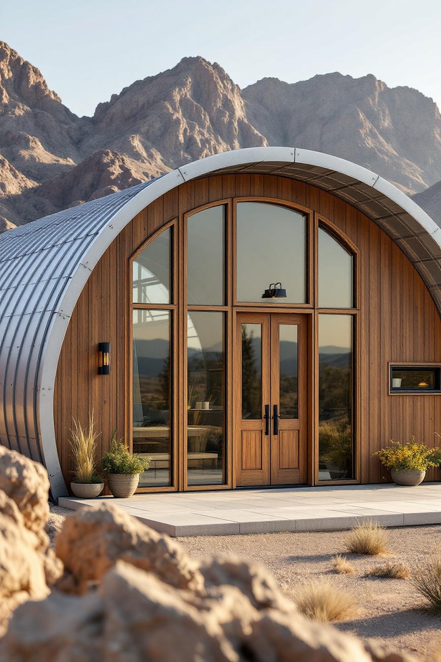 Curved metal and wood cabin with mountain backdrop