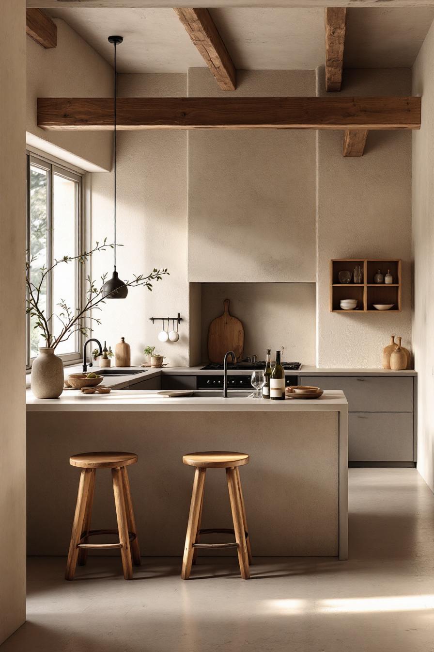 Minimalist kitchen with wooden beams and natural decor