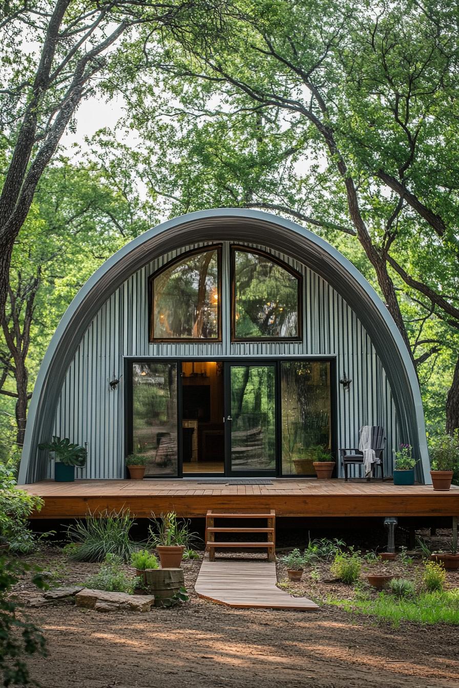 Arched metal home nestled in a forest clearing