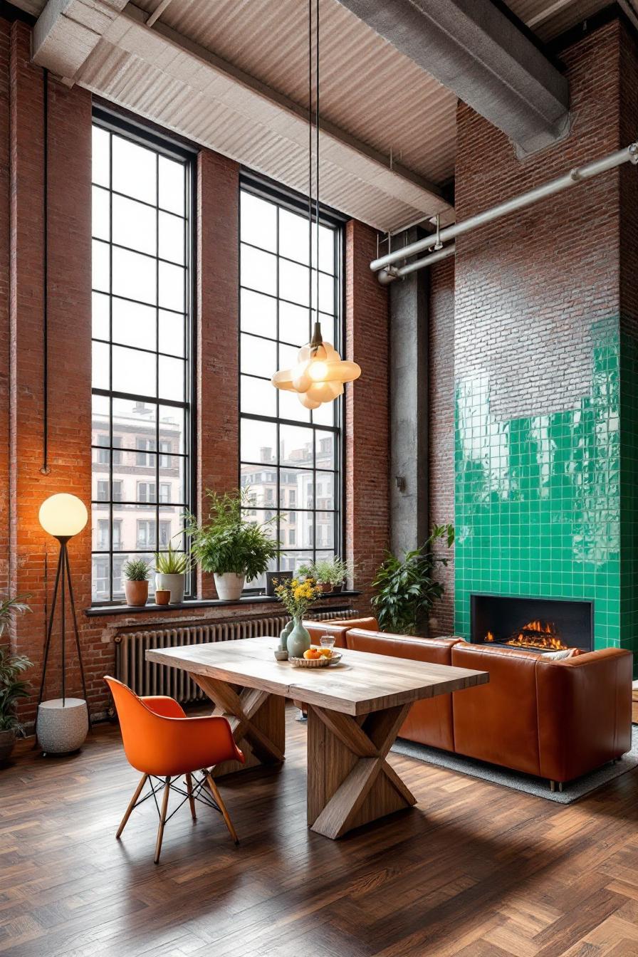 Spacious brick loft with modern decor and plants