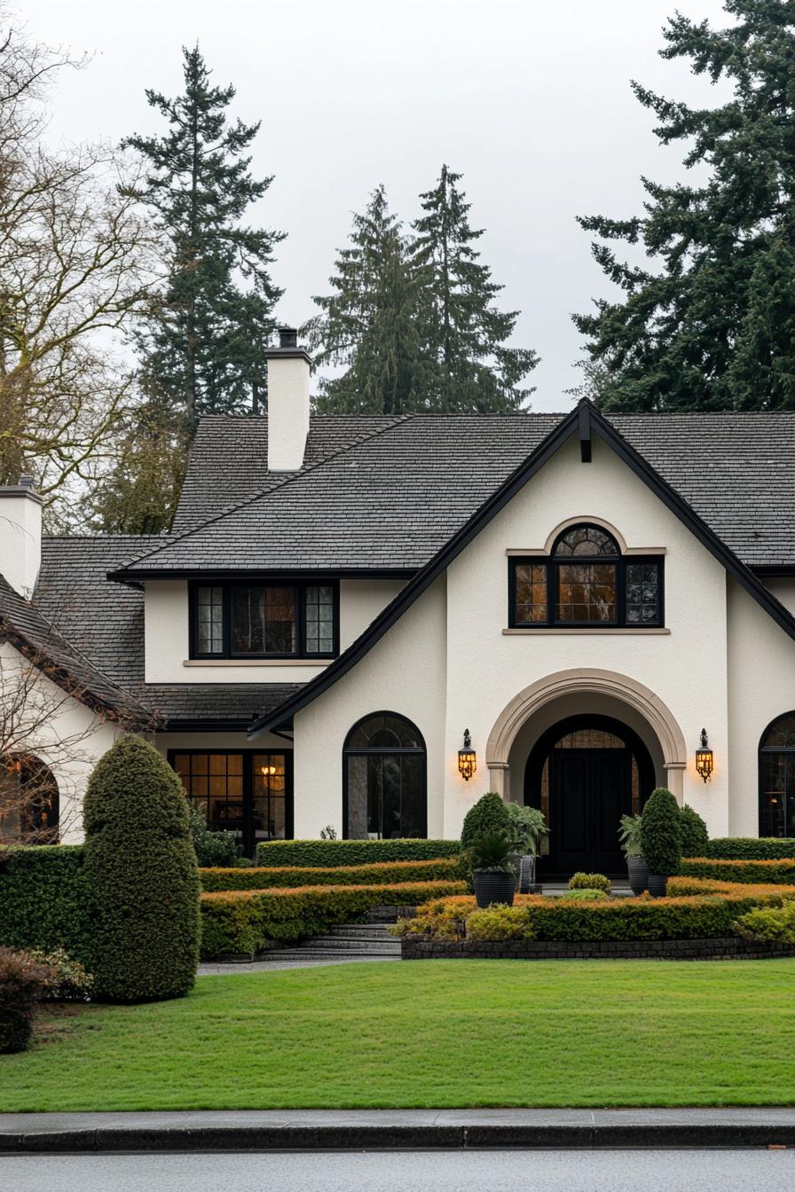 Two-story house with arched windows and lush garden