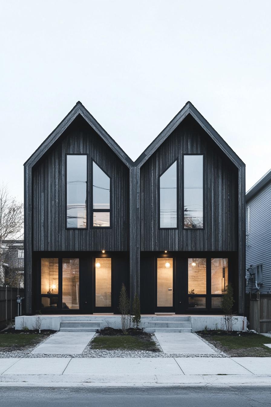 Modern duplex with dark timber facade and tall windows