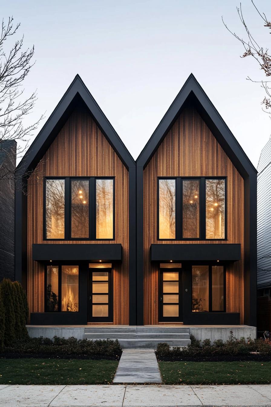 Modern duplex with wooden facade and large windows