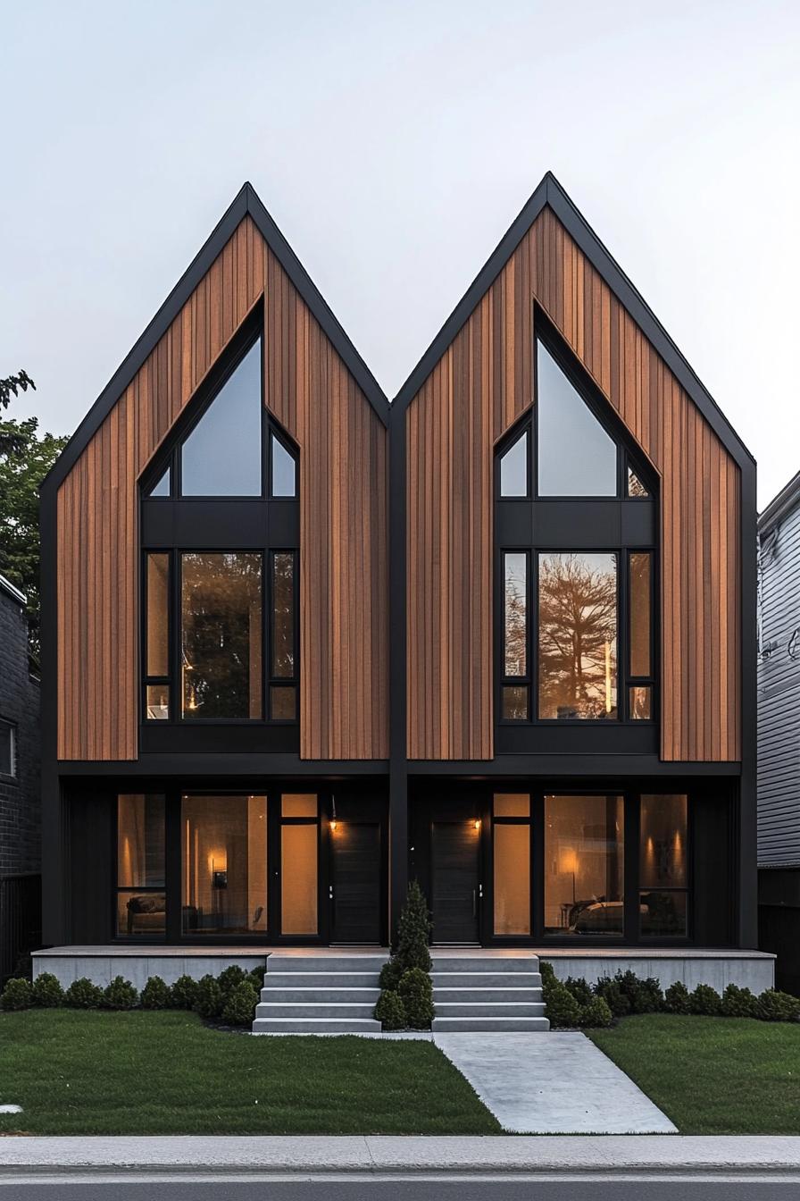 Modern duplex house with tall wooden gables and large windows