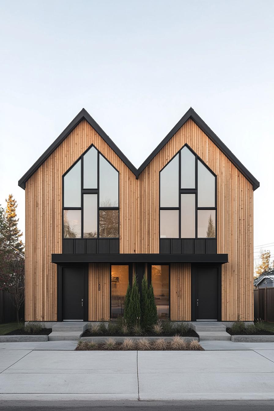 Modern duplex with tall windows and timber façade