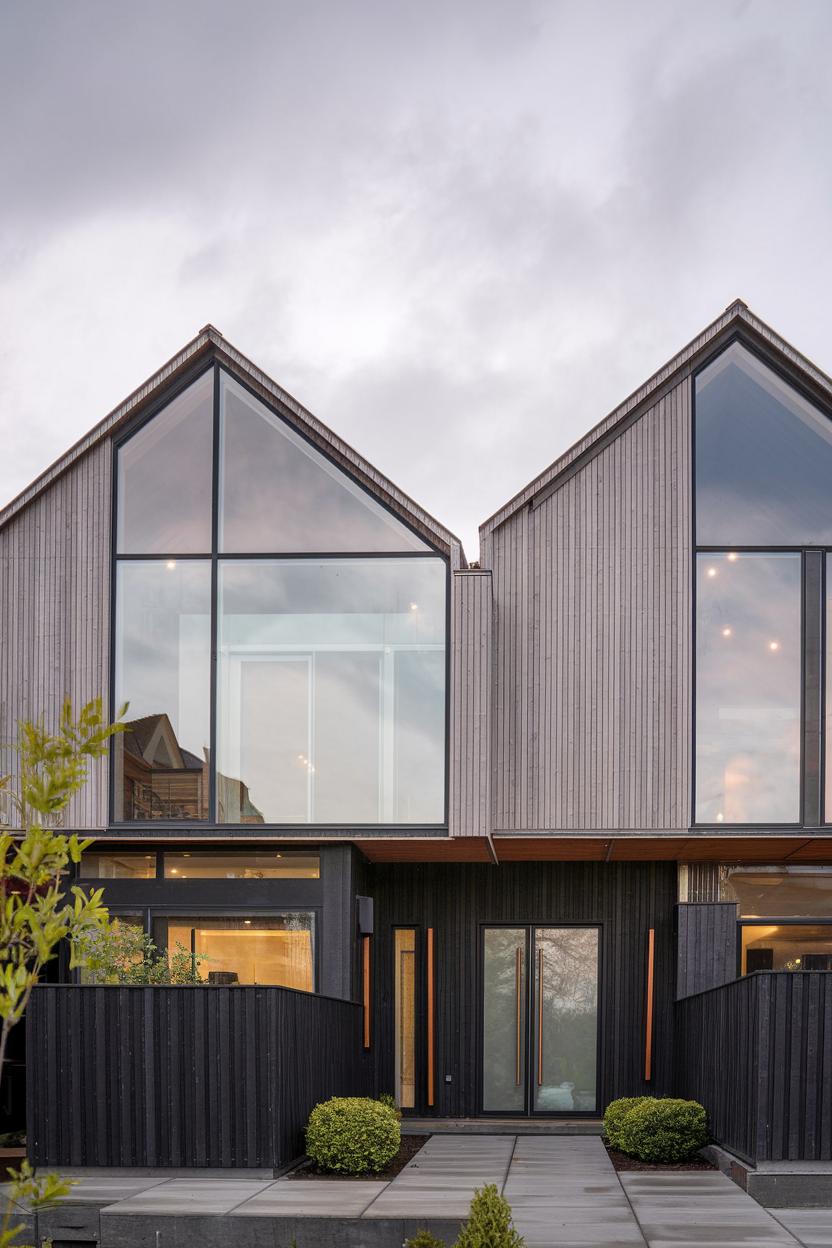 Modern duplex with sleek gable roofs and large windows