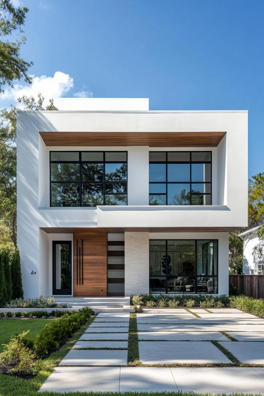 Contemporary white villa with large windows and wood accents