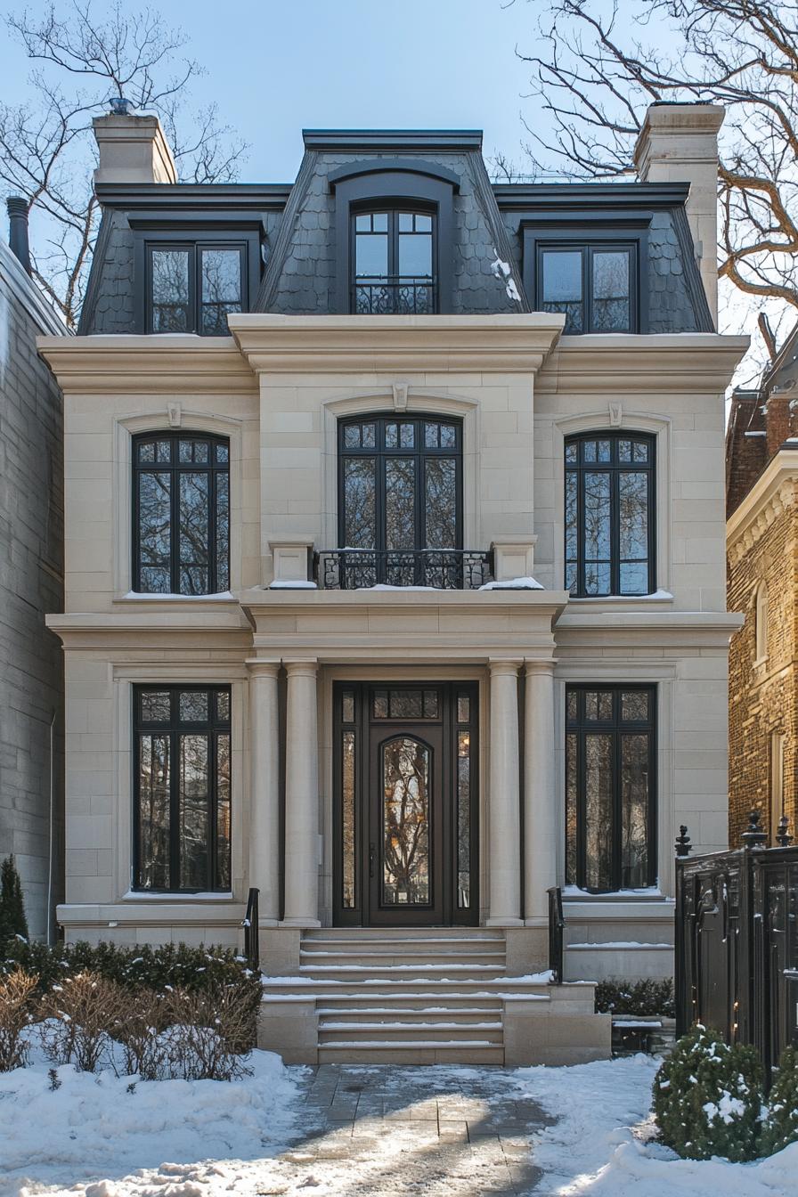 Elegant townhouse with snow-dusted steps