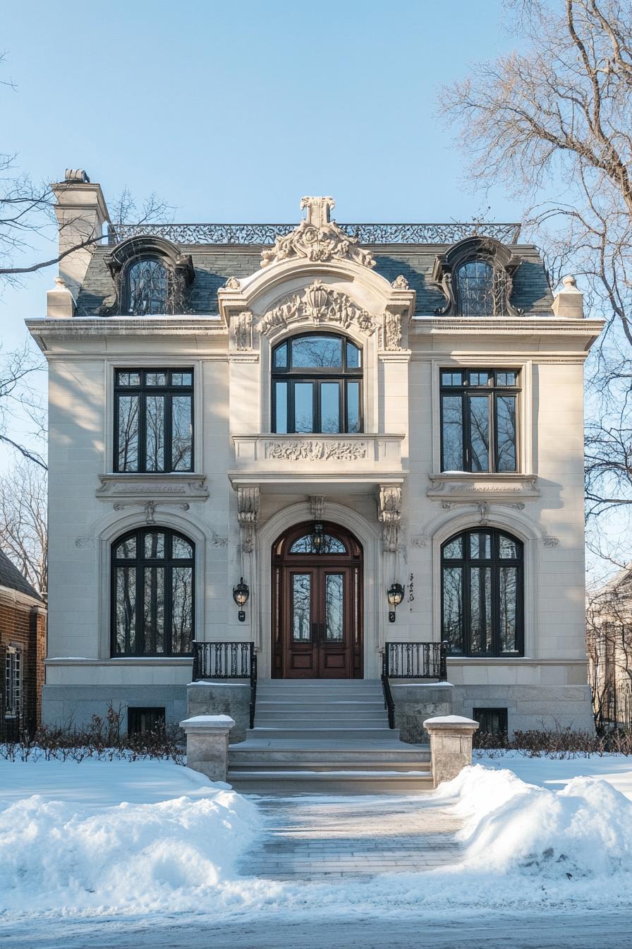 Snow-covered grand townhouse with ornate features