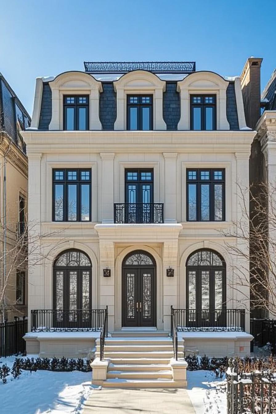 Luxurious townhouse with snow-dusted steps