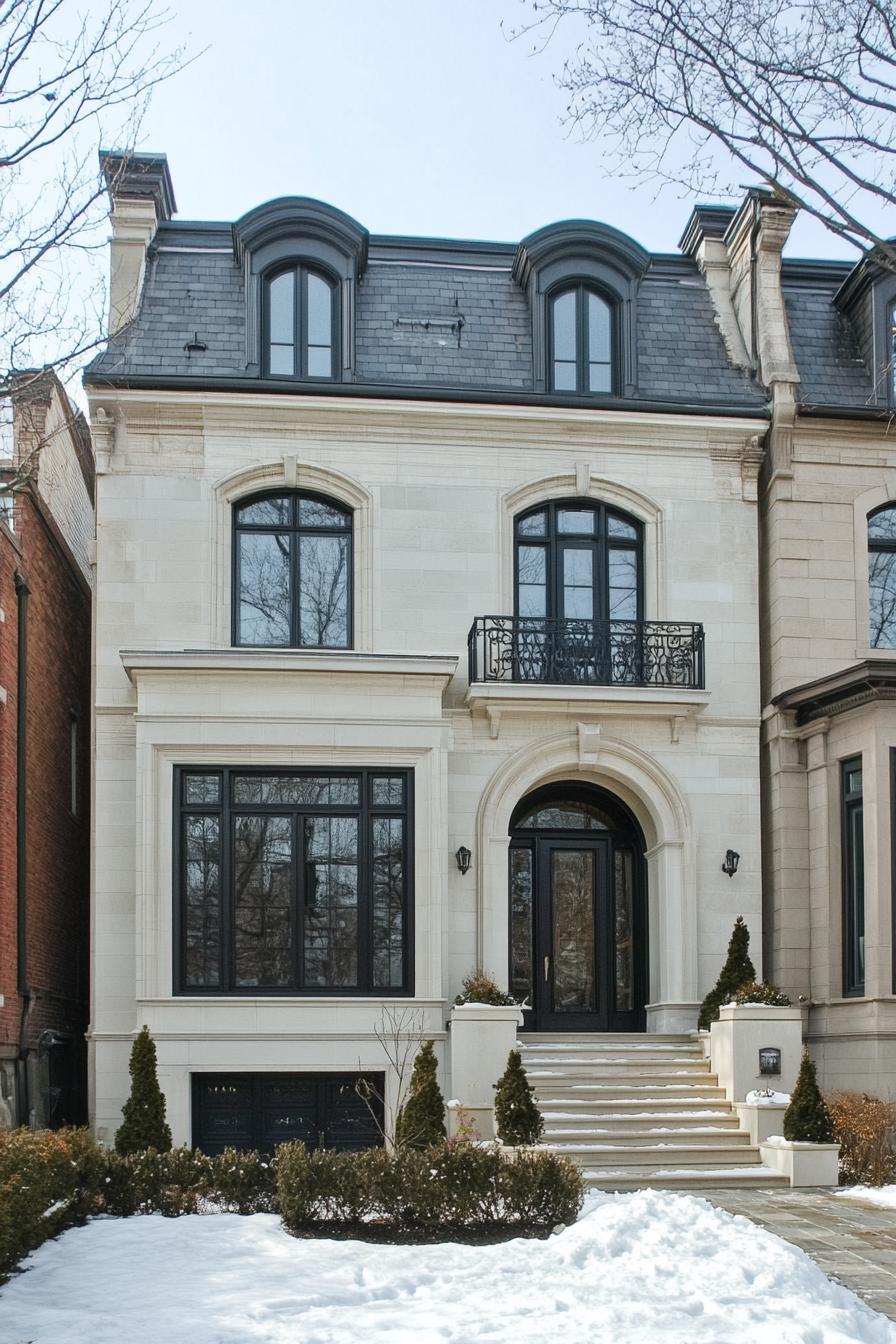 Elegant townhouse with large windows and a stately arched entrance