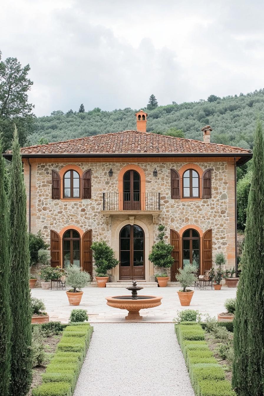 Stone house with arched windows and lush greenery