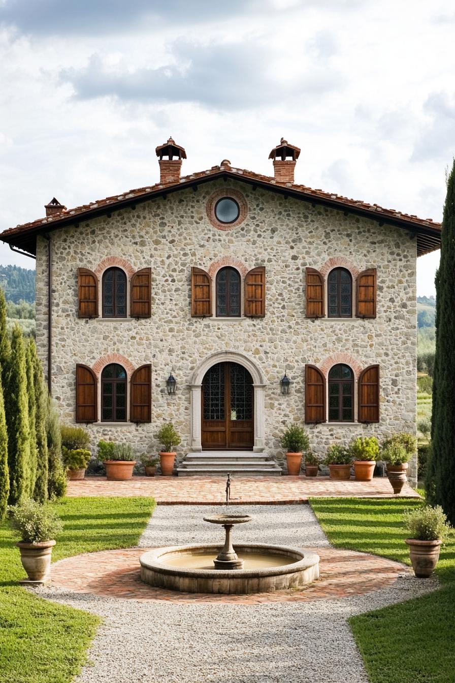 Rustic Tuscan house with stone facade and wooden shutters