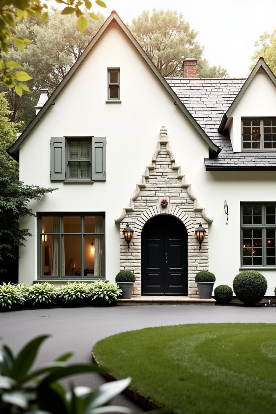 Charming cottage with green shutters and stone accents