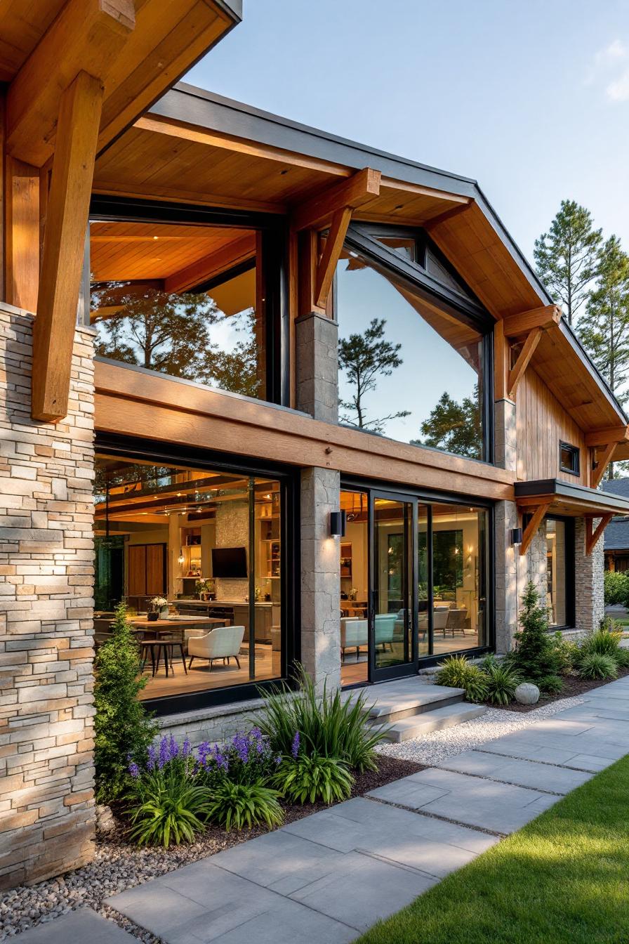 Modern ranch house with large windows and stone elements